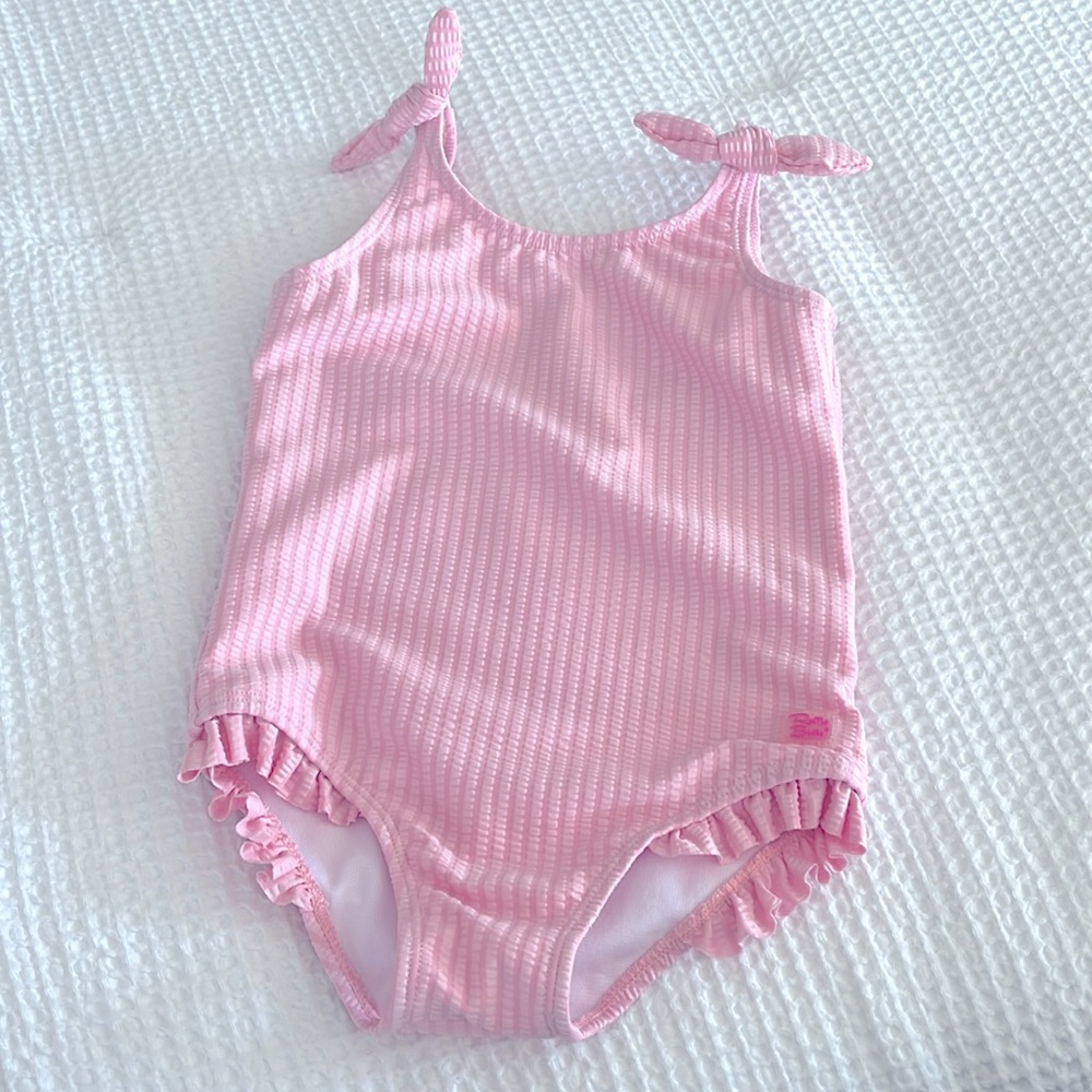 Ruffle Butts Pink Ribbed One-Piece Swimsuit with Shoulder Ties